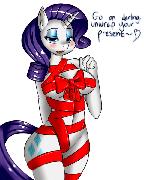 Size: 1595x1993 | Tagged: anthro, artist:ss2sonic, artist:twistedscarlett60, bedroom eyes, belly button, blushing, bow, breasts, busty rarity, derpibooru import, dialogue, erect nipples, female, gift wrapped, nipples, nudity, questionable, rarity, ribbon, simple background, solo, solo female, transparent background, updated, wrapping paper