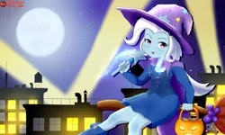 Size: 1153x692 | Tagged: dead source, safe, artist:pika-chany, derpibooru import, trixie, equestria girls, broom, candy, clothes, female, flying, flying broomstick, food, halloween, hat, moon, night, night sky, sky, solo, stars, trixie's hat, wand