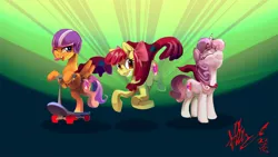 Size: 2954x1662 | Tagged: apple bloom, artist:alumx, cape, clothes, cmc cape, crusaders of the lost mark, cutie mark, cutie mark crusaders, derpibooru import, helmet, safe, scootaloo, scooter, sweetie belle, the cmc's cutie marks