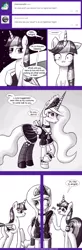 Size: 629x1920 | Tagged: suggestive, artist:deusexequus, derpibooru import, princess celestia, twilight sparkle, twilight sparkle (alicorn), alicorn, pony, ask the princess of friendship with benefits, ask the princess of night, ask, blushing, clothes, comic, dialogue, female, lesbian, maid, maidlestia, mare, monochrome, neo noir, open mouth, partial color, plot, raised hoof, shipping, skirt, skirt lift, skirt pull, speech bubble, tumblr, twilestia, wide eyes
