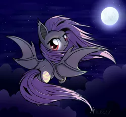 Size: 1024x945 | Tagged: safe, artist:musicfirewind, derpibooru import, fluttershy, bat pony, pony, flutterbat, looking back, night, red eyes, solo