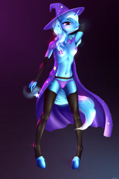 Size: 1280x1920 | Tagged: anthro, armpits, artist:oneofyouare, belly button, breasts, cape, clothes, derpibooru import, evening gloves, female, gloves, hat, latex, nudity, panties, pasties, questionable, socks, solo, solo female, thigh highs, trixie, trixie's cape, trixie's hat, underwear, unguligrade anthro, unshorn fetlocks, wand