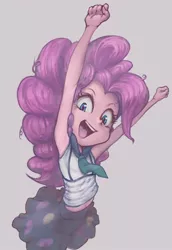 Size: 688x1000 | Tagged: safe, artist:conoghi, derpibooru import, pinkie pie, equestria girls, friendship games, armpits, belly button, cute, diapinkes, gray background, looking at you, open mouth, pixiv, pony coloring, simple background, solo