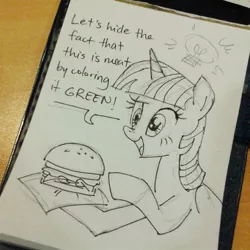 Size: 900x900 | Tagged: safe, derpibooru import, twilight sparkle, twilight sparkle (alicorn), alicorn, pony, burger, female, grayscale, lightbulb, mare, monochrome, omnivore twilight, open mouth, pointing, ponies eating meat, raised eyebrow, silly, silly pony, sketch, smiling, traditional art