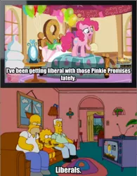 Size: 640x819 | Tagged: back to the future, balloon, bedroom, derpibooru import, gummy, homer simpson, image macro, kent brockman, liberals, lisa simpson, meme, pinkie pie, pinkie promise, pun, safe, television, the one where pinkie pie knows, the simpsons