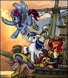 Size: 1103x1263 | Tagged: safe, artist:harwick, derpibooru import, shining armor, oc, oc:charming booty, oc:harpoon, oc:patches, alicorn, earth pony, pegasus, pony, unicorn, fanfic, blushing, boots, bucket, clothes, dagger, ear piercing, earring, fanfic art, fanfic cover, female, figurehead, filly, flying, jewelry, leg rings, male, mare, mop, mouth hold, piercing, pirate, pirate ship, raised hoof, ship, stallion, weapon