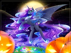 Size: 2966x2222 | Tagged: safe, artist:koveliana, derpibooru import, nightmare moon, alicorn, bat pony, bat pony alicorn, candy, chromatic aberration, color porn, horseshoes, jack-o-lantern, moon, pumpkin, solo