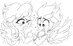 Size: 1313x824 | Tagged: safe, artist:whydomenhavenipples, derpibooru import, cloudchaser, fleetfoot, pegasus, pony, ahegao, black and white, blushing, clothes, coat, crack shipping, drool, female, fleetchaser, floppy ears, fluffy, grayscale, heart eyes, holding hooves, jacket, lesbian, lewd, monochrome, open mouth, shipping, spread wings, sweat, tongue out, wat, wavy mouth, wide eyes, wingboner, wingding eyes, wink