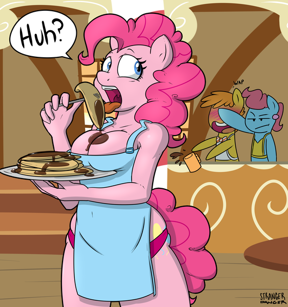 Size: 2785x2975 | Tagged: anthro, apron, artist:strangerdanger, blushing, breasts, busty pinkie pie, cakepie, carrot cake, carrotpie, chocolate sauce, chocolate syrup, cleavage, clothes, coffee, cup cake, derpibooru import, female, morning ponies, naked apron, open mouth, pancakes, panties, pinkie pie, sugarcube corner, suggestive, syrup, underwear, wap