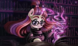 Size: 1280x768 | Tagged: artist:sugarheartart, blushing, book, bookshelf, cute, derpibooru import, glasses, magic, moondancer, safe, smiling, solo, windswept mane