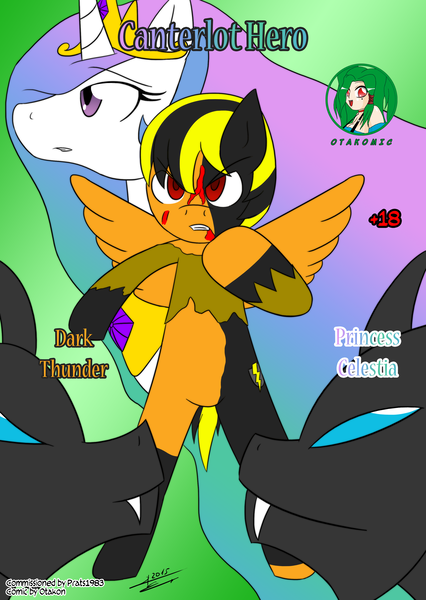 Size: 2475x3483 | Tagged: artist:otakon, changeling, comic, comic:canterlot hero, commission, cover, derpibooru import, oc, oc:dark thunder, princess celestia, safe