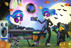 Size: 1200x812 | Tagged: safe, artist:pixelkitties, derpibooru import, vinyl scratch, bat, equestria girls, alternate hairstyle, apple bobbing, clothes, crossover, full moon, hoodie, human ponidox, jack-o-lantern, lego, levitation, magic, nightmare night, open mouth, pumpkin, record, shoes, spider web, sunglasses, the lego movie, turntable, wyldstyle