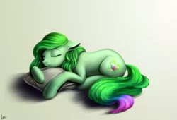 Size: 1300x882 | Tagged: safe, artist:l1nkoln, derpibooru import, oc, oc:dawn, unofficial characters only, earth pony, pony, female, mare, pillow, prone, sleeping, solo