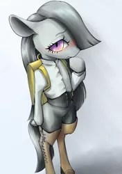 Size: 2039x2894 | Tagged: safe, artist:unousaya, derpibooru import, marble pie, earth pony, pony, semi-anthro, hearthbreakers, backpack, bipedal, blushing, boots, clothes, digital art, female, hair over one eye, looking at you, mare, pants, randoseru, shirt, solo, standing