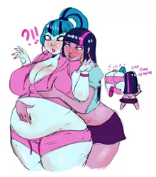 Size: 1222x1388 | Tagged: suggestive, artist:bimbo sparkles, derpibooru import, sonata dusk, twilight sparkle, equestria girls, ass, bbw, bedroom eyes, belly, belly button, big breasts, bimbo, bimbo sparkle, blushing, breasts, busty sonata dusk, buttcrack, carrying, chubby, cleavage, earring, fat, female, grope, lesbian, licking, licking lips, navel play, piercing, plump, shipping, sonata donk, sonatubby, super strength, the ass was fat, thunder thighs, tongue out, twibutt, twilight dusk, twinata, wide hips