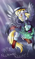 Size: 768x1280 | Tagged: safe, artist:whitenoiseghost, derpibooru import, derpy hooves, pegasus, pony, vampire, candy, clothes, costume, female, floppy ears, flying, halloween, mare, nightmare night, nightmare night costume, solo