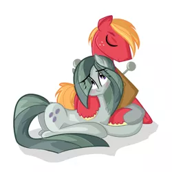 Size: 3000x3000 | Tagged: safe, artist:asimplerarity, derpibooru import, big macintosh, marble pie, earth pony, pony, hearthbreakers, blushing, cuddling, eyes closed, male, marblemac, prone, shipping, smiling, snuggling, stallion, straight