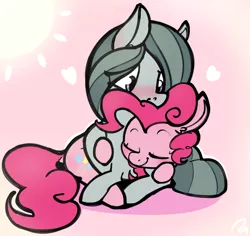 Size: 1748x1653 | Tagged: safe, artist:ratiodaze, derpibooru import, marble pie, pinkie pie, earth pony, pony, blushing, cuddling, cute, diapinkes, eyes closed, female, heart, hug, incest, lesbian, marbinkie, marblebetes, pie twins, piecest, prone, shipping, simple background, sisters, smiling, snuggling, twincest, twins, weapons-grade cute