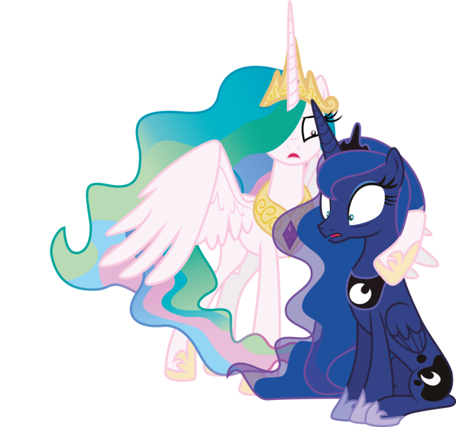 Size: 6919x6476 | Tagged: absurd resolution, artist:j5a4, derpibooru import, hug, princess celestia, princess luna, safe, simple background, sitting, transparent background, vector, wide eyes, worried