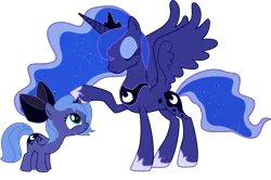 Size: 1493x993 | Tagged: artist needed, cute, derpibooru import, duality, filly, hair bow, lunabetes, princess luna, safe, self ponidox, simple background, smiling, source needed, time paradox, transparent background, vector, woona