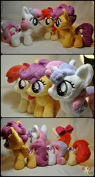 Size: 812x1513 | Tagged: safe, artist:ketika, derpibooru import, apple bloom, scootaloo, sweetie belle, earth pony, pegasus, pony, unicorn, crusaders of the lost mark, cutie mark, cutie mark crusaders, female, filly, irl, photo, plushie, the cmc's cutie marks