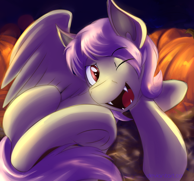 Size: 1500x1400 | Tagged: safe, artist:dripponi, artist:lattynskit, derpibooru import, fluttershy, bat pony, pony, adorascotch, batterscotch, butterscotch, cute, fangs, flutterbat, race swap, rule 63, rule63betes, shyabates, shyabetes, solo, underhoof, wink