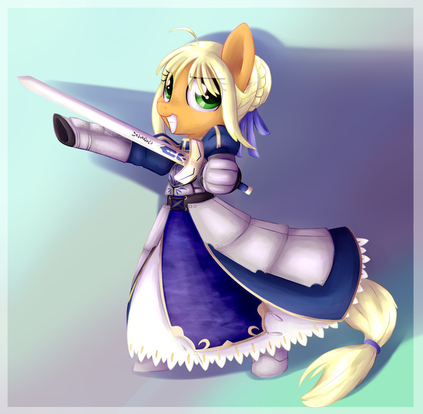 Size: 3613x3535 | Tagged: safe, artist:artoftheghostie, derpibooru import, applejack, pony, armor, bipedal, crossover, fate/stay night, grin, saber, solo, sword