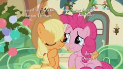 Size: 1920x1080 | Tagged: anticipation, applejack, apple pie, cute, derpibooru import, eyes closed, hearthbreakers, incoming licky lick, out of context, pie, pinkie pie, safe, screencap, smiling, train
