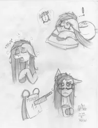 Size: 781x1024 | Tagged: alarm clock, artist:mane-shaker, calendar, coffee mug, cute, derpibooru import, eyes closed, grayscale, i hate mondays, knife, messy mane, monochrome, mug, pencil drawing, pillow, pinkamena diane pie, pinkie pie, safe, sleepy, traditional art, yawn