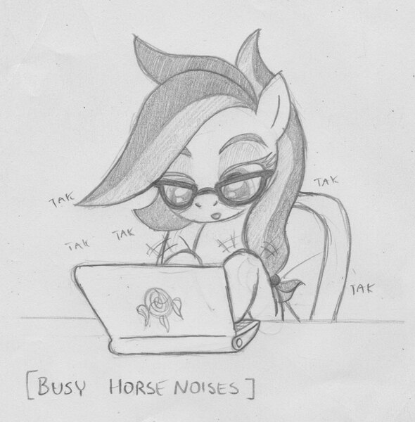 Size: 908x923 | Tagged: artist:lockerobster, computer, derpibooru import, descriptive noise, grayscale, horse noises, laptop computer, meme, monochrome, oc, oc:safe haven, pencil drawing, safe, solo, traditional art, unofficial characters only