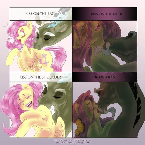 Size: 1000x1000 | Tagged: suggestive, artist:thecuriousfool, derpibooru import, discord, fluttershy, draconequus, pegasus, pony, blushing, discoshy, female, french kiss, kiss meme, kiss on the back, kiss on the shoulder, kissing, kissing meme, licking, male, mare, meme, neck kiss, neck licking, shipping, straight