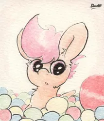 Size: 686x803 | Tagged: artist:slightlyshade, ball pit, derpibooru import, safe, scootaloo, solo, traditional art