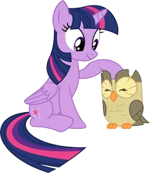 Size: 3085x3559 | Tagged: safe, artist:porygon2z, derpibooru import, owlowiscious, twilight sparkle, twilight sparkle (alicorn), alicorn, pony, eyes closed, female, mare, petting, simple background, smiling, transparent background, vector