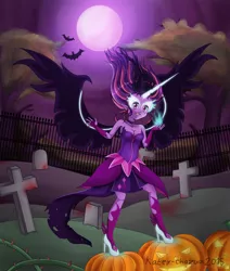 Size: 4780x5626 | Tagged: safe, artist:kateychazuu, derpibooru import, sci-twi, twilight sparkle, bat, equestria girls, friendship games, absurd resolution, armpits, cemetery, clothes, dark magic, dress, elf ears, fingerless gloves, full moon, gloves, graveyard, horn, jack-o-lantern, looking at you, magic, midnight sparkle, moon, night sky, open mouth, pumpkin, signature, solo, wings