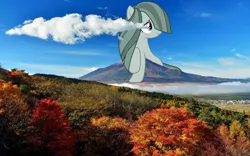 Size: 1024x640 | Tagged: safe, derpibooru import, marble pie, pony, blushing, cloud, cloudy, giant pony, giantess, highrise ponies, irl, japan, macro, mount fuji, photo, ponies in real life, solo, vector