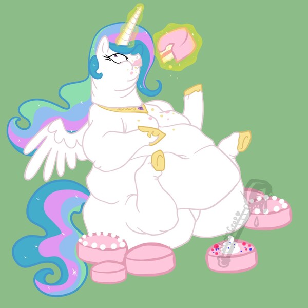 Size: 1280x1280 | Tagged: artist:stickycrop, belly, cake, cakelestia, chubby cheeks, chubbylestia, derpibooru import, eating, fat, female, large belly, morbidly obese, obese, princess celestia, questionable, simple background, solo, solo female, thighs