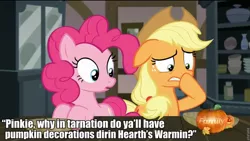 Size: 960x540 | Tagged: applejack, derpibooru import, discovery family, discovery family logo, hearthbreakers, image macro, meme, pinkie pie, pumpkin, safe, screencap