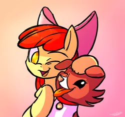 Size: 1700x1600 | Tagged: safe, artist:kanashiipanda, derpibooru import, apple bloom, winona, dog, adorabloom, bow, collar, cute, dog collar, duo, filly, hair bow, no pupils, one eye closed, open mouth, pet, pet tag, tongue out, winonabetes