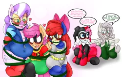 Size: 1280x813 | Tagged: apple bloom, artist:blackbewhite2k7, batgirl, blood, blushing, bound together, chubby, chubby diamond, clothes, costume, crossover, derpibooru import, diamond tiara, drool, fat, female, fluttershy, harley quinn, lesbian, nosebleed, pig nose, pinkie pie, poison ivy, robin, scootabloom, scootaloo, scootiara, shipping, suggestive, the capitalist piglette, wingboner