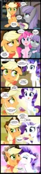 Size: 1000x4250 | Tagged: safe, artist:coltsteelstallion, derpibooru import, applejack, maud pie, pinkie pie, rarity, pony, hearthbreakers, bandana, comic, creeper, dragon ball, female, foam finger, gem, kissing, lesbian, rarijack, shipping, silly, silly pony, tower of pimps