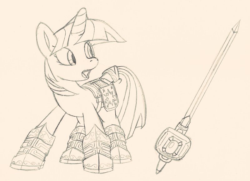 Size: 800x582 | Tagged: armor, artist:fuzon-s, concept art, derpibooru import, fantasy class, knight, monochrome, safe, sketch, solo, sword, traditional art, twilight sparkle, warrior