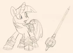 Size: 800x582 | Tagged: armor, artist:fuzon-s, concept art, derpibooru import, fantasy class, knight, monochrome, safe, sketch, solo, sword, traditional art, twilight sparkle, warrior