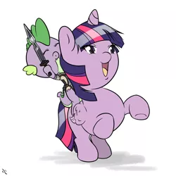 Size: 1500x1500 | Tagged: safe, artist:doggonepony, derpibooru import, spike, twilight sparkle, twilight sparkle (alicorn), alicorn, pony, agro, clothes, costume, crossover, duo, female, halloween, mare, nightmare night costume, rearing, riding, shadow of the colossus, wander, weapon