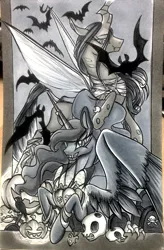 Size: 1312x2000 | Tagged: safe, artist:hopelessnight, artist:kayra, derpibooru import, nightmare moon, queen chrysalis, alicorn, bat, crow, pony, vampire, bracelet, candy, chrysmoon, clothes, costume, fangs, female, grayscale, grin, horn jewelry, horn ring, jack-o-lantern, jewelry, lesbian, lidded eyes, limited palette, mare, mouth hold, nightmare luna, nightmare night, nightmare night costume, photo, rearing, shipping, skeleton, slit eyes, smiling, smirk, spread wings, traditional art, trick or treat, wings