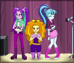 Size: 1000x843 | Tagged: safe, artist:thebrokencog, derpibooru import, adagio dazzle, aria blaze, sonata dusk, equestria girls, begging, clothes, commission, crossed arms, crying, curtain, eyes closed, fingerless gloves, frown, gloves, gritted teeth, group, kneeling, looking at you, looking down, microphone, open mouth, signature, spikes, stage, the dazzlings, trio, woobie, wristband