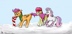 Size: 1510x725 | Tagged: safe, artist:tincantim, derpibooru import, apple bloom, scootaloo, sweetie belle, earth pony, pegasus, pony, unicorn, candy, candy cane, clothes, cutie mark crusaders, hat, snow, snowfall, socks, striped socks, tail pull, tongue out, tongue stuck to pole, winter