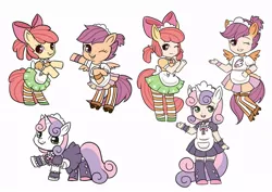 Size: 900x636 | Tagged: safe, artist:kongyi, derpibooru import, apple bloom, scootaloo, sweetie belle, human, pony, bipedal, clothes, cutie mark crusaders, eared humanization, horned humanization, human ponidox, humanized, maid, skirt, tailed humanization, winged humanization