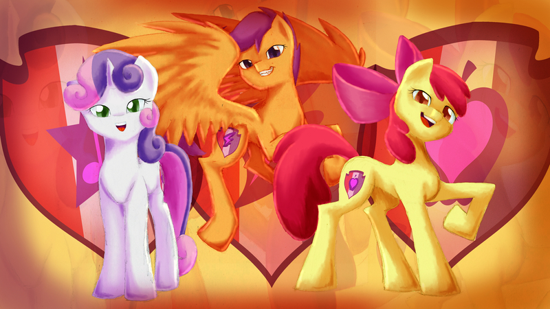 Size: 3840x2160 | Tagged: apple bloom, artist:thatonegib, crusaders of the lost mark, cutie mark, cutie mark crusaders, derpibooru import, looking at you, safe, scootaloo, sweetie belle, the cmc's cutie marks