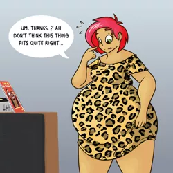 Size: 1250x1250 | Tagged: artist:irateliterate, ask feedee twilight, babs seed, belly, big belly, blob seed, chubby, clothes, derpibooru import, dress, fat, female, human, humanized, leopard print, obese, record, record player, solo, solo female, suggestive