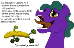 Size: 1280x828 | Tagged: safe, artist:xormak, derpibooru import, oc, oc:mustardpopsicle, unofficial characters only, dolphin, banana, broccoli, mustard, open mouth, solo, text, tongue out, what has science done